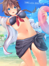 Rule 34 | 1girl, :d, ahoge, bikini, black bikini, blue eyes, blue sky, braid, breasts, brown hair, commentary request, day, from below, hair flaps, hair ornament, hair over shoulder, kantai collection, looking at viewer, maki (seventh heaven maxion), medium breasts, neckerchief, open mouth, red neckerchief, shigure (kancolle), shigure kai ni (kancolle), single braid, sky, smile, solo, sweater, swimsuit, tan, white sweater