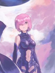 Rule 34 | 1girl, armor, armored dress, bare shoulders, black dress, black gloves, breasts, cowboy shot, dress, elbow gloves, fate/grand order, fate (series), gloves, hair over one eye, light purple hair, looking at viewer, mash kyrielight, medium breasts, navel, parted lips, purple eyes, quentin lecuiller, shield, short hair, solo, stomach