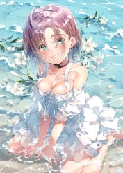 Rule 34 | 1girl, ahoge, asakura toru, bare legs, bare shoulders, black choker, blue eyes, blue hair, blue nails, breasts, brown hair, choker, cleavage, commentary request, dress, earrings, flower, flower on liquid, gradient hair, idolmaster, idolmaster shiny colors, jewelry, large breasts, lily (flower), looking at viewer, multicolored hair, nail polish, petals, petals on liquid, puni (punycolors), shallow water, short dress, short hair, sitting, smile, solo, sundress, wariza, water, wet, wet hair, white dress