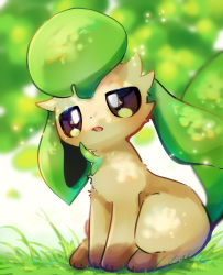 Rule 34 | :&lt;, animal ears, animal focus, bored, brown eyes, creatures (company), evolutionary line, forked tail, fur, game freak, gen 4 pokemon, grass, highres, ko ko k o0, leafeon, light particles, nintendo, no humans, outdoors, parted lips, pokemon, pokemon (creature), serious, sitting, solo, tail