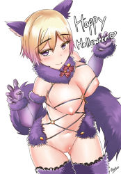 Rule 34 | 1girl, animal ears, bare shoulders, black panties, blonde hair, blush, bow, breasts, claw pose, claws, cosplay, cowboy shot, detached collar, elbow gloves, eyelashes, fang, fate/grand order, fate (series), fur, fur trim, gloves, halloween, halloween costume, highres, lace, lace-trimmed legwear, lace trim, large breasts, looking at viewer, mash kyrielight, mash kyrielight (dangerous beast), mash kyrielight (dangerous beast) (cosplay), navel, nekobox, nipples, o-ring, official alternate costume, original, palms, panties, pink bow, purple eyes, purple gloves, pussy, revealing clothes, shielder (fate/grand order) (cosplay), short hair, simple background, smile, solo, stomach, tail, thigh gap, thighhighs, underwear, white background, wolf ears, wolf tail