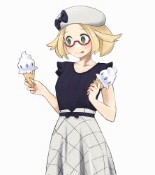 Rule 34 | 1girl, alternate costume, bianca (pokemon), blonde hair, blush, casteliacone, collarbone, commission, creatures (company), game freak, green eyes, grey hat, hat, highres, ice cream cone, lewdrawings, nintendo, pokemon, pokemon bw2, red-framed eyewear, simple background, skirt, solo, tongue, tongue out, upper body, white background