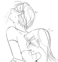 2girls alien_stage blindfold blush commentary_request crop_top from_behind hair_ornament hairclip heavy_breathing highres korean_commentary licking_back long_hair mizi_(alien_stage) multiple_girls open_mouth shirt short_hair short_sleeves sketch sua_(alien_stage) sweat uiooop_err yuri