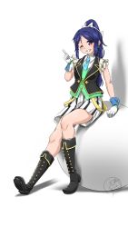 Rule 34 | 1girl, ;), aqua necktie, aqua wrist cuffs, artist name, artist request, bare legs, black footwear, black vest, blue hair, blush, boots, bow, breasts, collared shirt, dress, dress shirt, earrings, female focus, full body, gloves, green vest, hair between eyes, hair bow, hairband, high ponytail, highres, jewelry, knee boots, ku-ru-ku-ru cruller!, ku-ru-ku-ru cruller (love live!), long hair, looking at viewer, love live!, love live! school idol festival, love live! sunshine!!, matsuura kanan, miniskirt, necktie, one eye closed, parted lips, plaid, plaid skirt, pleated, pleated skirt, ponytail, purple eyes, shirt, short sleeves, sitting, skirt, small breasts, smile, solo, sparkle earrings, sparkle print, teeth, vest, white background, white bow, white gloves, white hairband, white shirt, white skirt, wing collar, wink, wrist cuffs