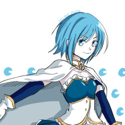 Rule 34 | 1girl, abstract background, armor, artist name, blue eyes, blue gloves, blue hair, blue theme, cape, clothing request, collared cape, commentary request, crescent moon, dorisq, elbow gloves, furrowed brow, gloves, gold trim, looking at viewer, magical girl, mahou shoujo madoka magica, mahou shoujo madoka magica (anime), mandarin collar, matching hair/eyes, miki sayaka, miki sayaka (magical girl), moon, pleated skirt, shiny clothes, short hair, sidelocks, simple background, skirt, smile, solo, strapless, white background, white cape, white gloves, white trim