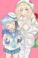 Rule 34 | 2girls, 2others, absurdres, abyssal ship, aqua neckwear, aqua skirt, blonde hair, blue eyes, blue hair, blue sailor collar, commentary request, dixie cup hat, dokuganryuu, double bun, dress, enemy lifebuoy (kancolle), closed eyes, facing viewer, gambier bay (kancolle), hairband, hat, highres, hood, hood up, hooded dress, hoodie, kantai collection, little blue whale (kancolle), long sleeves, looking at viewer, military hat, miniskirt, multiple girls, multiple others, navy cross, open mouth, pink background, pleated skirt, sailor collar, samuel b. roberts (kancolle), school uniform, serafuku, shirt, short hair, skirt, sleeve cuffs, star (symbol), star print, starry background, whale, white dress, white headwear, white legwear, white shirt