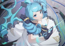 Rule 34 | 1girl, absurdres, black dress, black gloves, blue hair, bow, breasts, collarbone, commentary request, dress, drill hair, gloves, green eyes, grey dress, gwen (league of legends), hair bow, hand up, highres, holding, holding needle, holding scissors, league of legends, long hair, looking at viewer, looking up, needle, oversized object, parted lips, scissors, small breasts, smile, solo, teeth, twin drills, twintails, two-tone bow, xiao cong