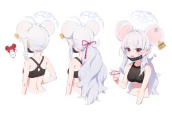 Rule 34 | 1girl, ?, absurdres, animal ears, black mask, black shirt, blue archive, blush, breasts, dong ji, ear tag, extra ears, grey hair, grey halo, hair between eyes, halo, highres, long hair, looking at viewer, mask, mask pull, medium breasts, mouse ears, mouth mask, multiple views, navel, nazomaki (blue archive), red eyes, saya (blue archive), shirt, simple background, sleeveless, sleeveless shirt, solo, white background