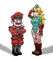 Rule 34 | 1boy, 1girl, absurdres, blue eyes, breasts, brown hair, cammy white, cammy white (cosplay), capcom, cosplay, crossed arms, crossover, facial hair, full body, gloves, hat, highres, legs, leotard, looking at another, m. bison, m bison (cosplay), mario, mario (series), medium breasts, mustache, nintendo, princess peach, red eyes, standing, street fighter, street fighter zero (series), super mario bros. 1