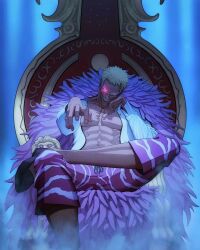 Rule 34 | 1boy, abs, blonde hair, blue background, capri pants, coat, crossed legs, donquixote doflamingo, earrings, feather coat, grin, head rest, highres, jewelry, looking at viewer, male focus, manip, muscular, muscular male, navel, one piece, open clothes, pants, pectorals, pink coat, shirt, short hair, sitting, smile, smoke, sunglasses, teeth, third-party source, throne, white shirt
