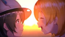 Rule 34 | 10s, 2girls, :d, ^ ^, black eyes, black hair, blonde hair, blush, bow, bowtie, closed eyes, closed mouth, commentary request, happy, hat, hat feather, kaban (kemono friends), kemono friends, looking at another, multiple girls, open mouth, outdoors, portrait, serval (kemono friends), serval print, short hair, smile, sunlight, sunset, teeth, yasuda takashi, |d