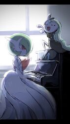 Rule 34 | anzu (01010611), bob cut, closed eyes, creatures (company), dress, elbow gloves, game freak, gardevoir, gen 3 pokemon, gen 5 pokemon, gloves, green hair, highres, instrument, legendary pokemon, long hair, mega gardevoir, mega pokemon, meloetta, meloetta (aria), music, mythical pokemon, nintendo, open mouth, piano, playing instrument, playing piano, pokemon, pokemon (creature), singing, sitting, strapless, strapless dress, white dress, white gloves, window