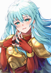 Rule 34 | 1girl, aqua eyes, aqua hair, armor, armored dress, blush, bracelet, breastplate, commentary request, dress, earrings, eirika (fire emblem), fingerless gloves, fire emblem, fire emblem: the sacred stones, floating hair, gloves, gold armor, hair between eyes, highres, jewelry, long hair, long sleeves, looking at viewer, nakabayashi zun, nintendo, open mouth, own hands together, parted lips, red dress, red gloves, shoulder armor, sidelocks, smile, solo, tongue, upper body