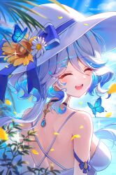 Rule 34 | 1girl, back, bikini, blue bow, blue hair, blue ribbon, blush, bow, breasts, bug, butterfly, closed eyes, daisy, dot nose, flower, furina (genshin impact), genshin impact, hair between eyes, hair ornament, halterneck, hat, hat bow, hat flower, hayun, highres, insect, jewelry, light particles, long hair, looking at viewer, medium breasts, multicolored hair, open mouth, ribbon, solo, sunflower, swimsuit, teeth, upper teeth only, white bikini, white flower, white hair, white hat, x hair ornament, yellow flower