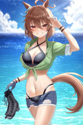 Rule 34 | 1girl, :3, agnes tachyon (lunatic lab) (umamusume), agnes tachyon (umamusume), ahoge, animal ears, beach, belt, bikini, black bikini, black footwear, blue sky, breasts, brown belt, brown hair, cleavage, closed mouth, cloud, cloudy sky, commentary request, cowboy shot, criss-cross halter, denim, denim shorts, ear ornament, gloves, green jacket, grin, hair between eyes, halterneck, hand on own chin, highres, holding sandals, horse ears, horse girl, horse tail, jacket, looking at viewer, medium breasts, medium hair, motsushi, navel, ocean, official alternate costume, open clothes, open fly, open shorts, outdoors, red eyes, shorts, single glove, sky, sleeves rolled up, smile, solo, swimsuit, tail, tied jacket, umamusume, water, wristband