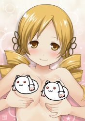 Rule 34 | 10s, 1girl, blonde hair, breasts, censored, censored nipples, character censor, cleavage, drill hair, female focus, grabbing, grabbing another&#039;s breast, kyubey, lowres, mahou shoujo madoka magica, mahou shoujo madoka magica (anime), mameshiba (character), novelty censor, nude, solo, tomoe mami, topless frame, upper body, yamada ichizoku
