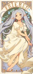 Rule 34 | 1girl, artist name, barefoot, blue flower, border, breasts, character name, closed mouth, collarbone, commentary, dated, dress, earrings, elf, english commentary, feet, flower, frieren, full body, green background, green eyes, grey hair, highres, invisible chair, jewelry, long hair, lucidsky, parted bangs, pointy ears, puffy short sleeves, puffy sleeves, shadow, short eyebrows, short sleeves, signature, sitting, small breasts, solo, sousou no frieren, toenails, toes, twintails, very long hair, white dress