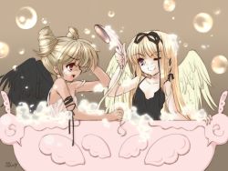 Rule 34 | angel, angel wings, bath, blonde hair, blue eyes, bubble, foam, ito noizi, original, red eyes, ribbon, same-sex bathing, shared bathing, wallpaper, wings