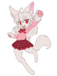 Rule 34 | 1girl, :3, ahoge, ancesra, animal ear fluff, animal ears, animal feet, animal hands, animal nose, arm up, artist name, barefoot, blush, body fur, bow, bowtie, child, claws, commission, fang, female focus, flat chest, flat color, fox ears, fox girl, fox tail, frilled shirt, frilled sleeves, frills, full body, furry, furry female, hand up, happy, highres, leg up, light blush, long hair, long sleeves, looking at viewer, miniskirt, open mouth, original, outstretched arm, patreon username, pawpads, pink shirt, plaid, plaid skirt, pleated skirt, red bow, red bowtie, red eyes, red skirt, shirt, sidelocks, simple background, sketch, skirt, smile, snout, solo, standing, standing on one leg, tail, watermark, web address, white background, white fur, white hair