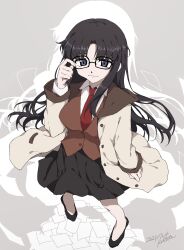 Rule 34 | 1girl, adjusting eyewear, artist name, black-framed eyewear, black hair, blue eyes, breasts, brown vest, coat, commentary, dated, dress shirt, floating clothes, floating hair, from above, glasses, grey background, hand on eyewear, highres, impossible clothes, impossible vest, kubota(yurakubo), large breasts, loafers, long hair, long skirt, long sleeves, necktie, open clothes, open coat, pantyhose, paper, parted bangs, pigeon-toed, read or die, rectangular eyewear, red necktie, shirt, shoes, silhouette, skirt, smile, solo, vest, white shirt, yomiko readman