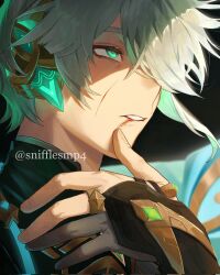 Rule 34 | 1boy, @ (symbol), akasha terminal, alhaitham (genshin impact), artist name, black background, cable, chest jewel, close-up, finger to own chin, genshin impact, green eyes, grey hair, highres, jewelry, male focus, open hand, parted lips, ring, scar, scar on face, short hair, simple background, snifflesmp4, solo, twitter username, upper body