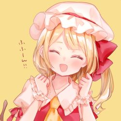 Rule 34 | 1girl, :d, ^ ^, blonde hair, blush, bow, closed eyes, collared shirt, facing viewer, fang, flandre scarlet, frilled shirt collar, frills, hair bow, hands up, hat, highres, long hair, mob cap, moko (mokochisa), one side up, open mouth, puffy short sleeves, puffy sleeves, red bow, red vest, shirt, short sleeves, simple background, smile, solo, touhou, translation request, vest, white hat, white shirt, wrist cuffs, yellow background