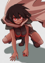 Rule 34 | 1girl, anklet, belt, black hair, black shirt, boots, cloak, commentary request, creatures (company), earrings, fang, full body, game freak, grey footwear, grey shorts, grey thighhighs, highres, holding, holding poke ball, jewelry, kurachi mizuki, looking at viewer, nintendo, open mouth, over-kneehighs, poke ball, poke ball (basic), pokemon, pokemon oras, red belt, red eyes, rope belt, shirt, short hair, short shorts, shorts, smile, solo, squatting, thighhighs, toeless footwear, toes, zinnia (pokemon)
