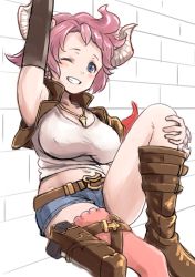 Rule 34 | 10s, 1girl, ;), belt, blush, boots, breasts, brown footwear, chelle ingham, cleavage, denim, denim shorts, draph, covered erect nipples, granblue fantasy, grin, jewelry, karva (granblue fantasy), looking at viewer, midriff, navel, necklace, one eye closed, shirt, short hair, shorts, simple background, sitting, smile, solo, white background, white shirt