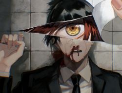 Rule 34 | 1boy, black hair, black jacket, black necktie, bleeding, blood, blood on face, chainsaw man, cigarette, collared shirt, covered eyes, double exposure, ear piercing, hand up, hayakawa aki, highres, holding, holding cigarette, jacket, kawatiw, looking at viewer, lying, makima (chainsaw man), male focus, necktie, nosebleed, on back, on floor, open mouth, out of frame, page tear, peeling, piercing, portrait, red hair, revealing layer, ringed eyes, shirt, short hair, tears, tile floor, tiles, white shirt, yellow eyes