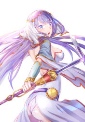 Rule 34 | 1girl, absurdres, ass, backless dress, backless outfit, belt, blue eyes, blue hair, breasts, detached sleeves, dress, emoshon, fate/grand order, fate (series), floating hair, from side, hair ornament, highres, holding, holding weapon, long hair, looking at viewer, medium breasts, open mouth, panties, martha (fate), sideboob, simple background, sleeveless, sleeveless dress, solo, strapless, strapless dress, underwear, very long hair, weapon, white background, white dress, white panties