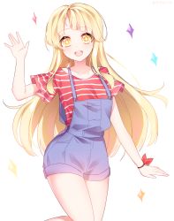 Rule 34 | + +, 1girl, bad id, bad pixiv id, bang dream!, blonde hair, collarbone, commentary request, hand up, hara (xper8243), highres, long hair, looking at viewer, open mouth, overalls, red shirt, ribbon, round teeth, shirt, short sleeves, simple background, smile, solo, star-shaped pupils, star (symbol), striped clothes, striped shirt, suspenders, symbol-shaped pupils, teeth, tsurumaki kokoro, upper teeth only, white background, wrist ribbon, yellow eyes