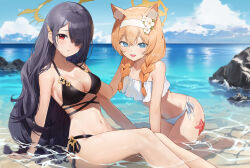 Rule 34 | 2girls, airi (ugpv2858), animal ears, bare shoulders, beach, bikini, black bikini, black hair, blue archive, blue eyes, blue sky, blush, braid, breasts, cloud, collarbone, commentary request, day, flower, frilled bikini, frills, hair between eyes, hair ornament, hair over one eye, hairband, halo, halterneck, highres, hinata (blue archive), long hair, looking at viewer, mari (blue archive), medium breasts, multiple girls, navel, ocean, open mouth, orange hair, outdoors, partially submerged, red eyes, rock, side-tie bikini bottom, sitting, sky, smile, starfish, swimsuit, thighs, twin braids, very long hair, water, wet, white bikini, white hairband
