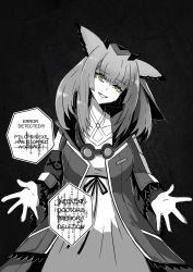Rule 34 | absurdres, arknights, bad id, bad pixiv id, blunt bangs, commentary, english commentary, english text, gesugao, greyscale, head tilt, highres, ichi10art, looking at viewer, monochrome, monochrome background, open mouth, outstretched hand, ptilopsis (arknights), solo, teeth, yellow eyes