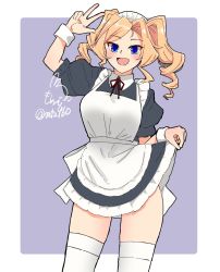 Rule 34 | 1girl, alternate costume, apron, black dress, blonde hair, blue eyes, blush, breasts, dress, drill hair, enmaided, frilled dress, frills, highres, honolulu (kancolle), kantai collection, large breasts, long hair, maid, maid headdress, mochizou, one-hour drawing challenge, open mouth, short dress, signature, simple background, skirt hold, solo, thighhighs, twin drills, twitter username, w, white apron, white thighhighs, wrist cuffs