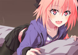 Rule 34 | 1boy, :d, astolfo (fate), astolfo (memories at trifas) (fate), bed sheet, black bow, black pantyhose, black skirt, blush, bow, brown background, collarbone, drawstring, fang, fate/apocrypha, fate (series), hair between eyes, hair bow, heart, heart-shaped pupils, jacket, long sleeves, male focus, male pubic hair, multicolored hair, neckerchief, nu (plastic eraser), official alternate costume, on bed, open clothes, open jacket, open mouth, pantyhose, pillow, pink hair, pubic hair, purple eyes, purple jacket, simple background, skirt, smile, solo, streaked hair, symbol-shaped pupils, trap