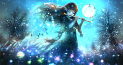 Rule 34 | 00, 1girl, bird, dark, dress, elf, closed eyes, fantasy, field, flute, full moon, goose, highres, instrument, jpeg artifacts, light particles, long hair, moon, night, original, playing instrument, pointy ears, scenery, sky, solo, tree, wind