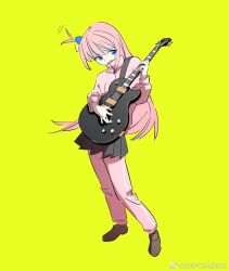 Rule 34 | 1girl, blue eyes, bocchi the rock!, brown footwear, cube hair ornament, electric guitar, full body, gibson les paul, gotoh hitori, grey skirt, guitar, hair ornament, highres, holding, holding instrument, instrument, jacket, jishi xingle cheng zhi xiong, loafers, long hair, looking at object, music, nervous, one side up, open mouth, pants, pants under skirt, pink hair, pink jacket, pink pants, playing instrument, pleated skirt, shoes, simple background, skirt, solo, standing, track jacket, track pants, yellow background