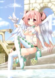 Rule 34 | 1girl, absurdres, alto seneka, angel wings, bird, blush, boots, breasts, dove, highres, nipples, pigeon, pink hair, red eyes, rusty soul, sitting, solo, thigh boots, thighhighs, wings