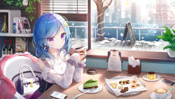 Rule 34 | bag, blue hair, cake, cappuccino, cellphone, chalkboard sign, chinese commentary, collarbone, cookie, corrupted metadata, cup, eiffel tower, food, fork, hair ornament, handbag, highres, holding, holding cup, hoshimiya siro, indie virtual youtuber, kebin no shio amaou, looking at viewer, manga (object), medium hair, phone, pudding, purple eyes, sitting, smartphone, smile, solo, star (symbol), star hair ornament, tree, virtual youtuber, window, yagate kimi ni naru