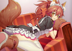Rule 34 | 1girl, absurdres, animal ears, animal hands, apron, black dress, brown collar, brown footwear, brown gloves, collar, commentary request, couch, dress, fate/grand order, fate (series), fox ears, fox girl, fox tail, gloves, highres, huge filesize, maid, maid headdress, makise minami, on couch, paw gloves, paw shoes, puffy short sleeves, puffy sleeves, shoe soles, shoes, short sleeves, signature, solo, tail, tail raised, tamamo (fate), tamamo cat (fate), tamamo cat (second ascension) (fate), thighhighs, white apron, white thighhighs