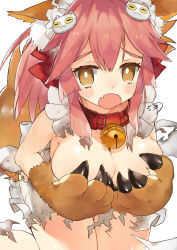 Rule 34 | 1girl, absurdres, animal ear fluff, animal ears, animal hands, apron, bad id, bad pixiv id, bare shoulders, bell, blush, blush stickers, bow, breast hold, breasts, cat hair ornament, cat paws, claws, collar, fang, fate/extra, fate/grand order, fate (series), fox ears, fox girl, fox tail, gloves, hair bow, hair ornament, highres, jingle bell, kneeling, large breasts, leaning forward, long hair, looking at viewer, naked apron, neck bell, niseneko (mofumofu ga ienai), open mouth, paw gloves, pink hair, ponytail, red bow, sidelocks, simple background, solo, tail, tamamo (fate), tamamo cat (fate), thighs, torn apron, torn clothes, white background, yellow eyes