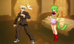 Rule 34 | 1boy, 1girl, apron, artist request, awkward, cat girl, evening, green hair, maid apron, melty blood, non-web source, original, short apron, source request, sprite, sprite art, tsukihime