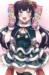 Rule 34 | + +, 1girl, absurdres, bell, black hair, black thighhighs, blunt bangs, blush, bow, breasts, capelet, choker, christmas, christmas tree costume, cleavage, commentary request, dress, earrings, eyelashes, food, fur-trimmed capelet, fur-trimmed dress, fur-trimmed gloves, fur trim, gloves, green capelet, green dress, hair ornament, hair ribbon, hair spread out, hairband, hands up, highres, holding, holding food, idolmaster, idolmaster shiny colors, jewelry, large breasts, lens flare, long hair, looking at viewer, mayuzumi fuyuko, meiji (meizi493), open mouth, pink background, red bow, red choker, red ribbon, ribbon, shiny skin, sidelocks, sleeveless, sleeveless dress, smile, snack, solo, star (symbol), star hair ornament, star ornament, thighhighs, two side up, very long hair, white background, white fur, white gloves, yellow eyes, yellow hairband, zettai ryouiki