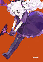 Rule 34 | 1girl, absurdres, ahoge, artist name, bat wings, blue archive, dress, frilled gloves, frills, gloves, gohanduck, halo, highres, hina (blue archive), horns, long hair, orange background, parted bangs, purple dress, purple eyes, ringed eyes, thighhighs, twintails, wand, white hair, wings