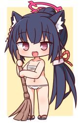 Rule 34 | 1girl, :d, animal ear fluff, animal ears, bare arms, bare shoulders, black footwear, black hair, blue archive, blush, broom, brown background, chibi, fang, full body, groin, halo, hana kazari, highres, holding, holding broom, long hair, navel, open mouth, panties, ponytail, purple eyes, sandals, sarashi, serika (blue archive), smile, solo, standing, two-tone background, underwear, very long hair, white background, white panties, zouri