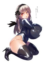 Rule 34 | 1girl, :&lt;, alternate breast size, black thighhighs, boots, breasts, commentary request, covered erect nipples, harusame-r, high heels, huge breasts, latex, long hair, looking at viewer, maid headdress, parted lips, red eyes, rozen maiden, silver hair, simple background, solo, suigintou, thick thighs, thigh boots, thighhighs, thighs, translation request, white background