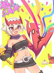 Rule 34 | 1girl, anniversary, bare shoulders, belt, blush, breasts, confetti, cougar (cougar1404), dragon: marked for death, empress (dmfd), facial scar, hair between eyes, hair ornament, holding, midriff, navel, open mouth, red eyes, scar, scar on cheek, scar on face, scarf, short hair, solo, strapless, taut clothes, tube top, white hair