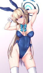 Rule 34 | 1girl, absurdres, animal ears, armpits, arms up, bare shoulders, blonde hair, blue archive, blue bow, blue eyes, blue hairband, blue leotard, bow, bowtie, braid, breasts, closed mouth, contrapposto, cowboy shot, detached collar, earpiece, earrings, fake animal ears, groin, hairband, halo, highleg, highleg leotard, highres, jewelry, leotard, long hair, medium breasts, microphone, official alternate costume, official alternate hairstyle, playboy bunny, rabbit ears, solo, stud earrings, thighhighs, thighs, toki (blue archive), toki (bunny) (blue archive), very long hair, white thighhighs, wrist cuffs, zellam