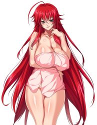 Rule 34 | 1girl, blue eyes, blush, breasts, cleavage, collarbone, female focus, g kilo-byte, high school dxd, large breasts, long hair, looking at viewer, naked towel, nude, open mouth, red hair, rias gremory, saberfish, smile, standing, towel, white background