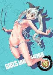 Rule 34 | 10s, 1girl, anchovy (girls und panzer), anzio (emblem), arched back, barefoot, bikini, blue background, blue bikini, breasts, brown eyes, character name, copyright name, drill hair, emblem, food, full body, girls und panzer, green bikini, green hair, grin, groin, hair ribbon, highres, holding, holding riding crop, jumping, long hair, looking at viewer, lowleg, lowleg bikini, medium breasts, navel, nenchi, pizza, ribbon, riding crop, side-tie bikini bottom, smile, solo, string bikini, striped bikini, striped clothes, swimsuit, twin drills, twintails, zoom layer